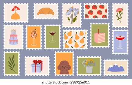 Postage stamps set vector flat illustration. Stickers, Post Mark, post stamp designs.