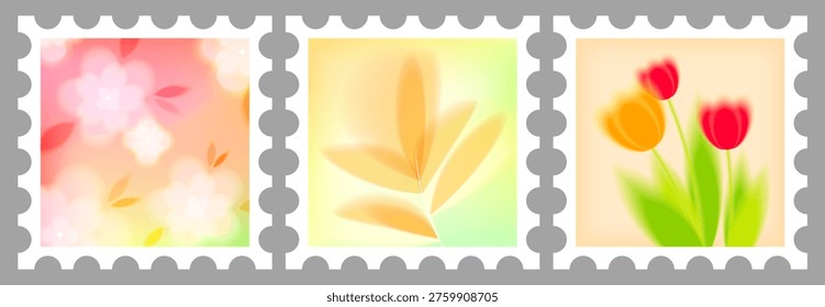 Postage stamps with soft gradient blur, pastel flowers and green leaves, spring collection vector illustration. Floral design with postal frame style. Blooming peony and tulips borders on background