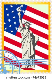 Postage stamps with postage stamp, the flag and the Statue of Liberty