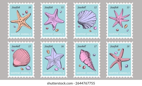 Postage stamps with starfish, seashells and pebbles.  Set of marine animals. Ocean underwater sink seashell conch aquatic mollusk.  Hand drawn vector. Cartoon. Sketch style.