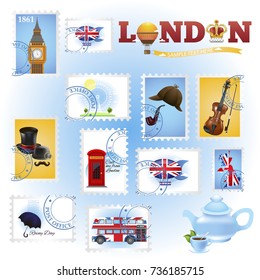 Postage stamps with the symbols of London and Great Britain. Set of vector illustrations for design of tourist booklets, banners, posters, flyers, and other items.