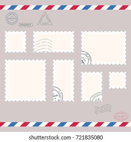 Postage stamps template. Blank rectangle, square postage marks. Rubber wave stamps. Flat style modern vector illustration with retro colors. For for envelopes, postcards or letter retro style paper.