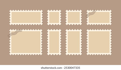Postage stamps templates set. Empty retro frames for postcards and letters with perforated edges.