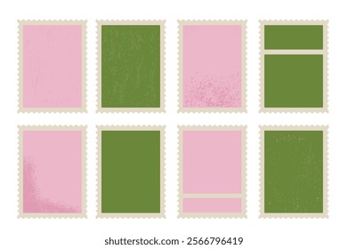 Postage stamps textured set. Blank empty mail postcard pack. Vector hand drawn pink and green flat collection illustration isolated on white background. Perforated edges grainy noise paper mark.