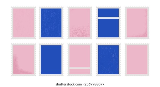 Postage stamps textured set. Blank empty mail postcard pack. Vector hand drawn pink and blue flat collection illustration isolated on white background. Perforated edges grainy noise paper mark.