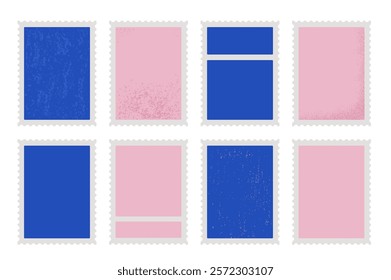 Postage stamps textured set. Blank empty mail postcard pack. Vector hand drawn pink and blue flat collection illustration isolated on white background. Perforated edges paper mark templates.