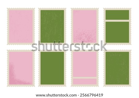 Postage stamps textured set. Blank empty mail postcard pack. Vector hand drawn pink and green flat collection illustration isolated on white background. Perforated edges grainy noise paper mark.