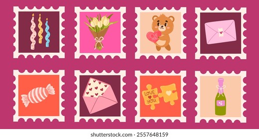 Postage stamps of Valentines Day and Love. Romantic elements with hearts, candles, champagne, flowers, gift box for journal stickers, scrapbooking, and greeting cards. Vector illustration isolated 