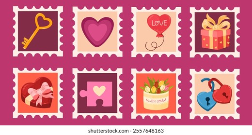 Postage stamps of Valentines Day and Love. Romantic elements with hearts, lock and key, sweets, flowers, gift box for journal stickers, scrapbooking, and greeting cards. Vector illustration isolated 