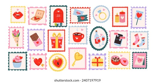 Postage stamps for Valentine's Day. Valentine's day set of cute elements. February 14, love concept. Vector illustrations
