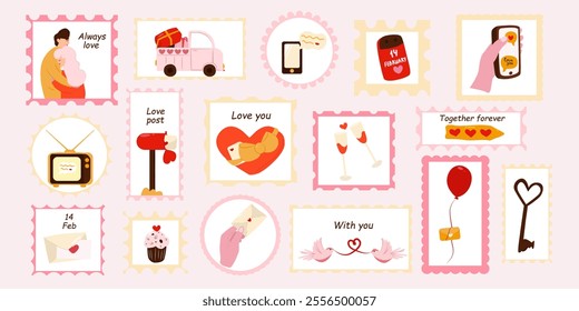 Postage stamps for Valentine's Day. Set of cute elements for Valentine's Day. Set of vector postage stamps. February 14, love concept