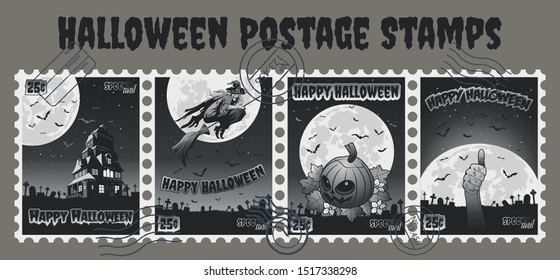  Postage Stamps Vector Set for Halloween Greeting Cards, Retro Horror Movie Style 