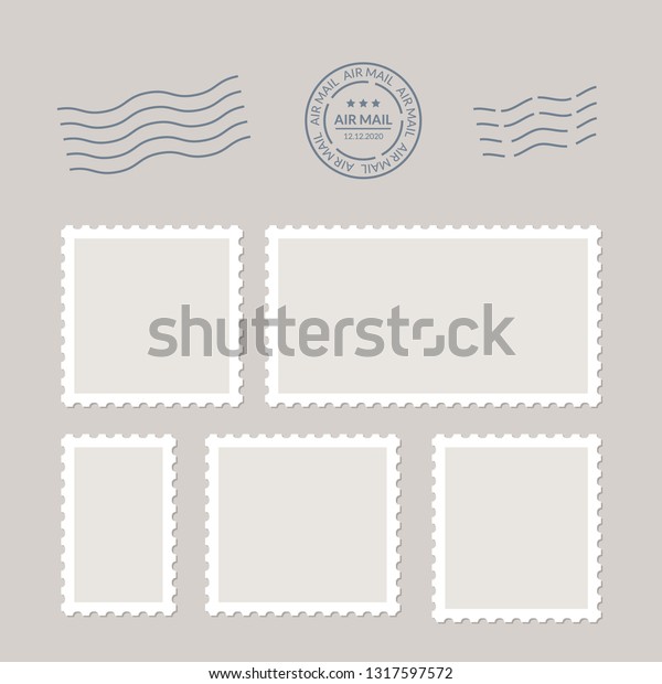 Postage stamps\
vector vintage border post mail. Blank postal sticker template\
frame. Postmark perforated\
paper.