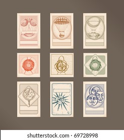Postage stamps- vintage illustrations- flying machines, wax seals, Armillary Sphere,compass rose, circle faces