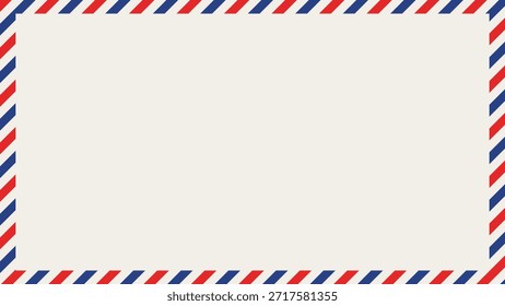 Marco postal del sobre del correo aéreo con las rayas rojas y azules en un fondo blanco. Ilustración vectorial.