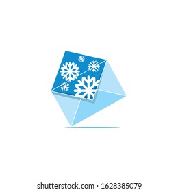 Postal blue envelope with white snowflakes inside. Open letter, message for Christmas, New year. Vector illustration on a winter theme.
