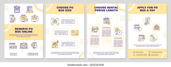 Postal box services yellow brochure template. Mailbox. Leaflet design with linear icons. Editable 4 vector layouts for presentation, annual reports. Arial-Black, Myriad Pro-Regular fonts used