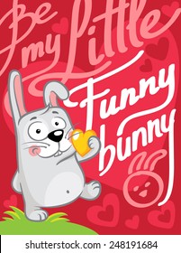 Postal card "Be my little funny bunny" for Valentine's Day. Cute cartoon grey bunny with yellow heart in hand walking, on bright pink background with pattern hearts and handwritten lettering words