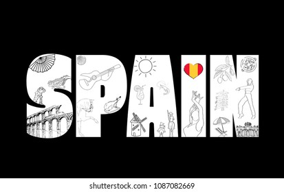 postal card of Spain, with drawings of typical things from Spain, souvenir for tourists.