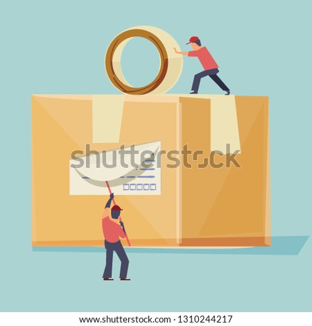 Postal Clerk or delivery man preparing to pack the big parcel box - vector illustration