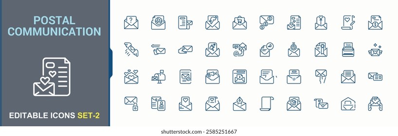 Postal Communication collection. Includes thin line envelope, website, mail, post, e-mail, message, safe, web, secure, computer and more. Outline symbol collection. Modern vector illustration.