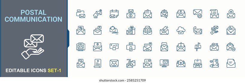 Postal Communication collection. Includes thin line envelope, website, mail, post, e-mail, message, safe, web, secure, computer and more. Outline symbol collection. Modern vector illustration.