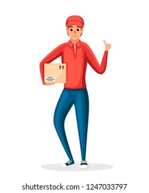 Postal courier. Delivery worker holding cardboard box. Cartoon character design. Red postal uniform. Delivery of parcel and packages. Flat vector illustration isolated on white background.
