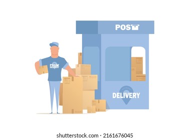 The postal courier stands next to the boxes and the pick-up window. Postal office vector illustration