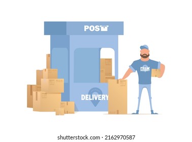 The postal courier stands next to the boxes and the pick-up window. Postal office. Cartoon style. vector illustration