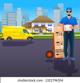 Postal delivery courier delivers the package to the cottage on the city background. Vector illustration EPS10 