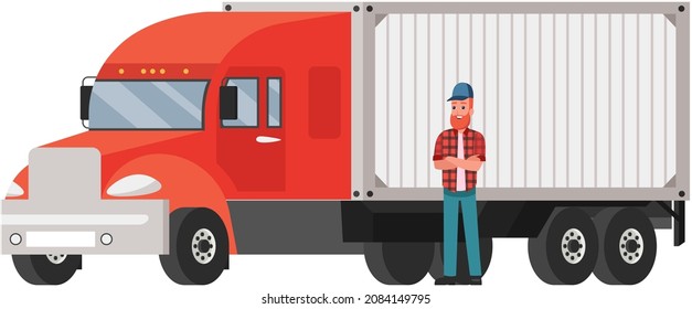 Postal delivery courier man in front of van. Trucker in striped shirt and cap stands near truck. Vehicle driver next to cargo. Male character and freight transport isolated on white background