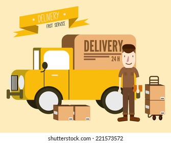 Postal delivery courier man in front of cargo van. delivering package. flat design. vector illustration