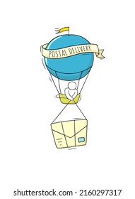 Postal delivery icon with hot air balloon carrying mail. Post service, shipping orders and letters. Vector hand drawn illustration of courier flying in balloon basket and holding envelope