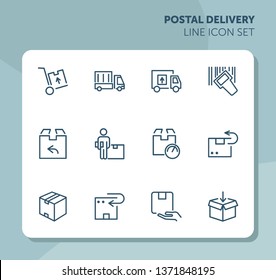 Postal delivery line icon set. Set of line icons on white background. Delivery concept. Parcel, package, post office. Vector illustration can be used for topics like shipping, transporting, delivery
