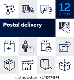 Symbolsatz für Postzustellung. Satz von Zeilensymbols auf weißem Hintergrund. Lieferkonzept Paket, Paket, Post. Vektorgrafik kann für Themen wie Versand, Transport, Lieferung verwendet werden