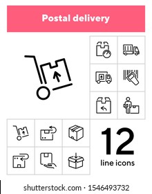 Postal delivery line icon set. Set of line icons on white background. Delivery concept. Parcel, package, post office. Vector illustration can be used for topics like shipping, transporting, delivery