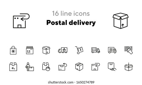 Postal delivery line icon set. Set of line icons on white background. Delivery concept. Parcel, package, post office. Vector illustration can be used for topics like shipping, transporting, delivery