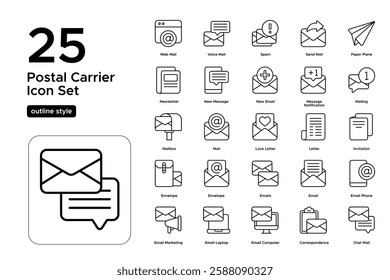 Postal Delivery and Mail Services. Courier, Stamp, and Document Shipping. Vector Illustration. Outline icon set