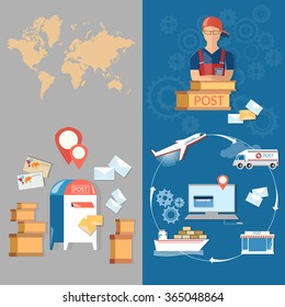 Postal delivery post office banners service postman mail delivery letters and parcels vector 
