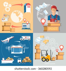 Postal delivery post office service postman letters and parcels vector set 