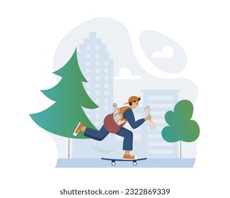 Postal delivery to residential and business addresses on eco transport. Boy with mailbag over shoulder and newspaper in hand riding on skateboard. Flat vector illustration