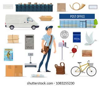 Postal delivery service cartoon set with postman and post icon. Post office, mailman, letter and mailbox, postage stamp, package and parcel, postal worker bag, delivery truck, bike and postmark symbol