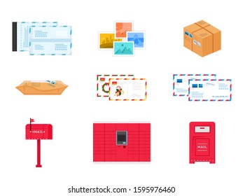 Postal delivery service icons and objects set. Cartoon package and parcel, postmark and envelops, letter and postage stamp, post rack and mailbox. Vector flat illustration isolated on white