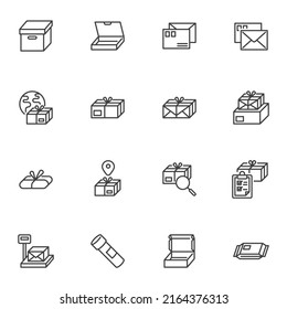Postal Delivery Service Line Icons Set, Outline Vector Symbol Collection, Linear Style Pictogram Pack. Signs, Logo Illustration. Set Includes Icons As Envelope Mail, Parcel Box, Package Tracking