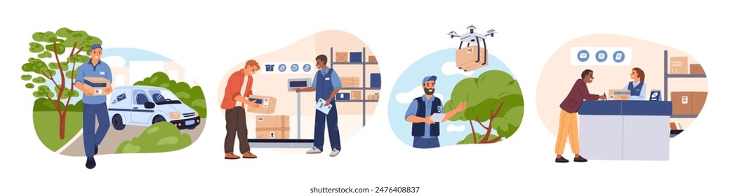 Postal delivery service. Post office. Sending, receiving and processing parcels and letters. Drone carrying cardboard box. Courier in uniform. Correspondence shipping