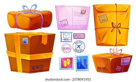 Postal delivery set with brown cardboard parcel boxes, pink letter envelope, airmail stamps. Collection of shipping packages tied with rope and tape, postal marks for mail service design elements.