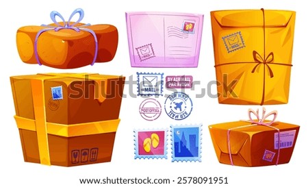 Postal delivery set with brown cardboard parcel boxes, pink letter envelope, airmail stamps. Collection of shipping packages tied with rope and tape, postal marks for mail service design elements.