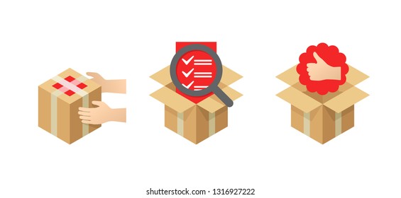 Postal delivery steps - parcel receiving, checking and satisfaction - post office concept