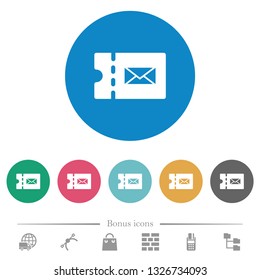 Postal discount coupon flat white icons on round color backgrounds. 6 bonus icons included.