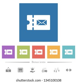 Postal discount coupon flat white icons in square backgrounds. 6 bonus icons included.